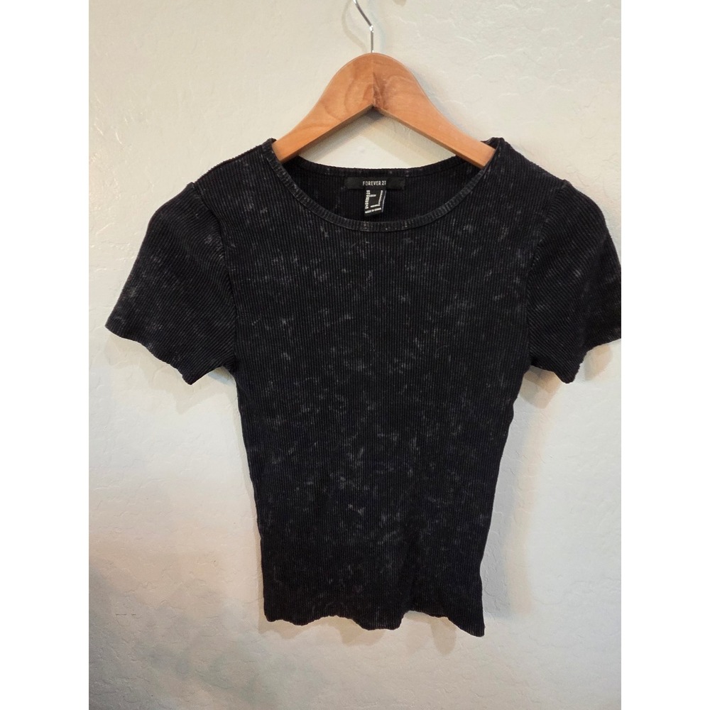 Forever 21 Black Acid Wash Ribbed Short Sleeve‎ Baby Tee Small Crew Neck Top